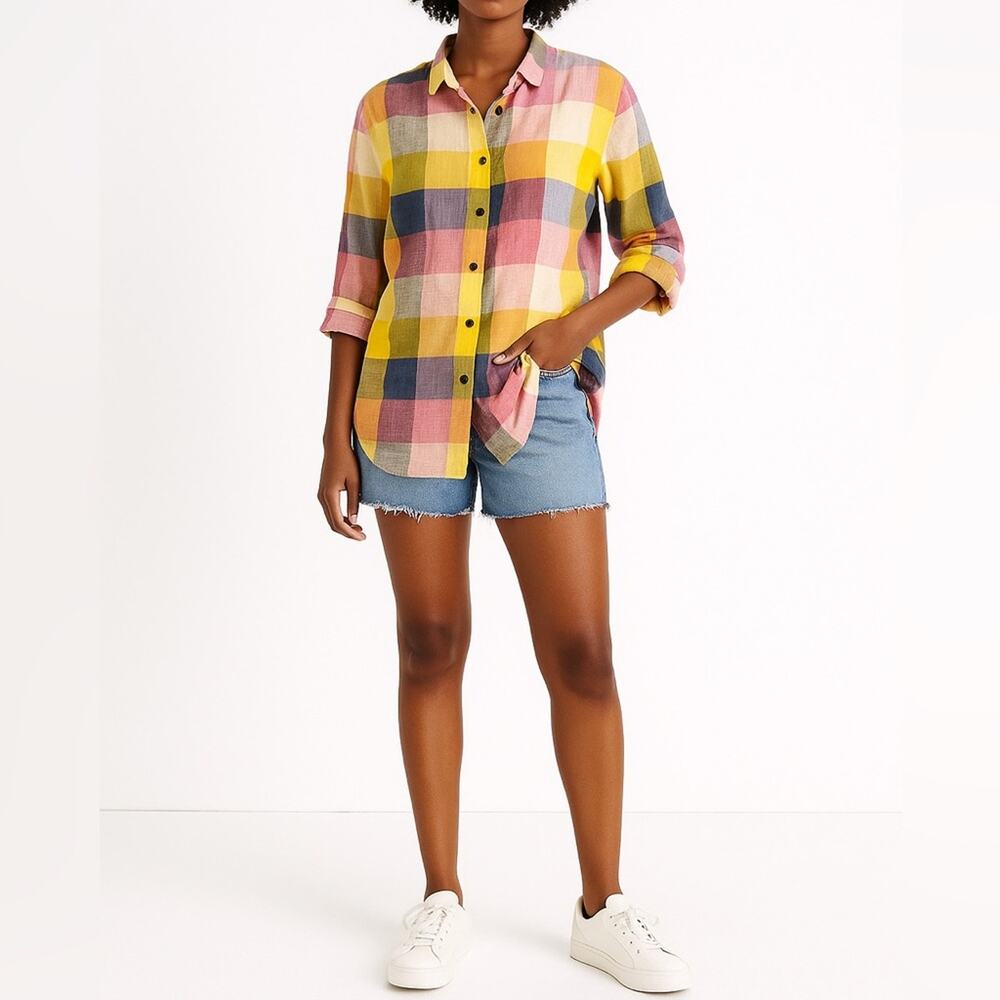 MISS Linen Button-Up Shirt | 3XL | Multicolor Plaid Check | Preppy Casual Summer